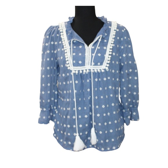 Blue Rain Tops - Blue Rain‎ Boho Blouse Medium Blue Embroidered Pom Pom Tassel Anthro style